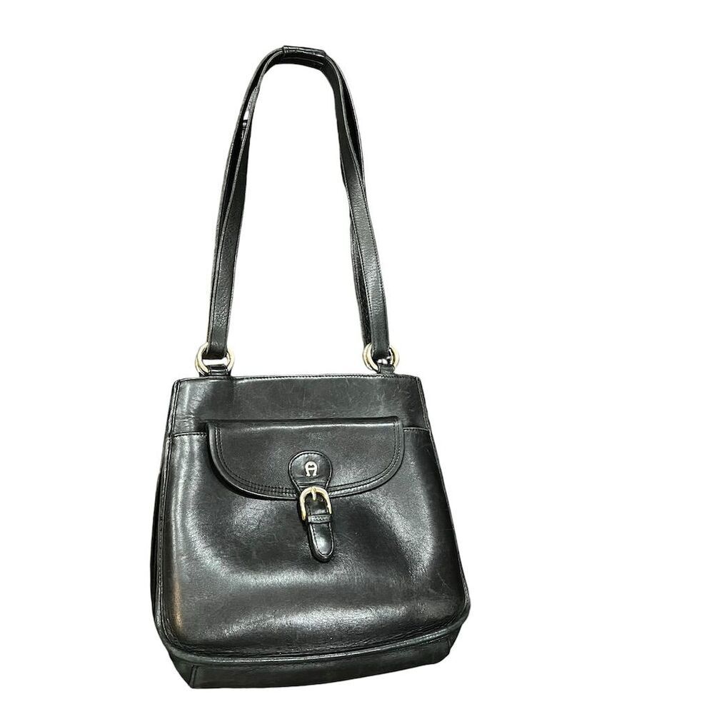 Etienne Aigner Vintage Black Leather Pouch Shoulder Bag Flap Buckle Casual​